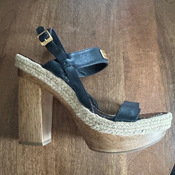 Hunter Gonave black leather, Wood block heel sandal size 7 - Picture 6 of 10